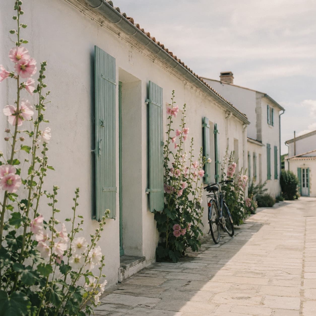 Ruelle de l'Île de Ré bordée de roses trémières