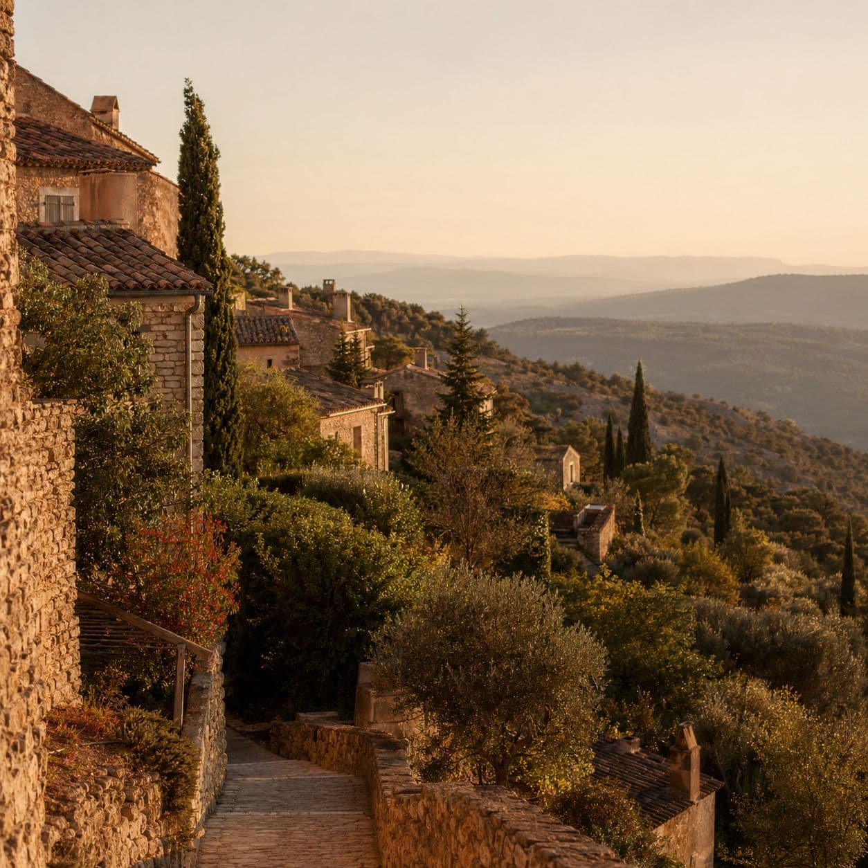 Village perché en pierre du Luberon au coucher du soleil